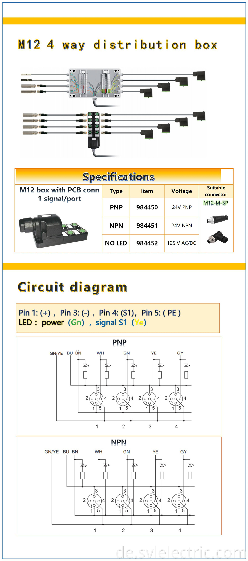 M12 4 way distribution box with PCB connector